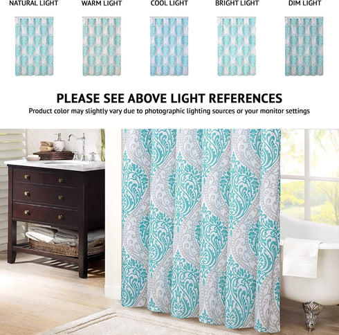 Comfort Spaces Coco Bathroom Shower Curtain Printed Damask Pattern Modern Cute Microfiber Fabric Bath Curtains, 72"x72", Teal / Grey...