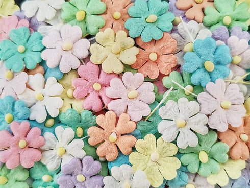 HukDok Mini Flowers with Thread Stem Mulberry Paper Flower Embellishment Card Craft Supplies Scrapbooking DIY Card Crafts Projects. (Pastel Tones)...