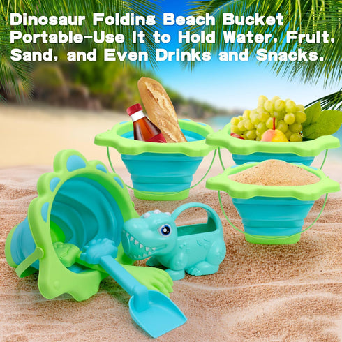 Beach Toys, Sand Box Toys for Kids Outdoor, Sand Toys with 2.5L Silicone Collapsible Bucket, Dinosaur Watering Can, Shovels for Camping Gear, Fish...