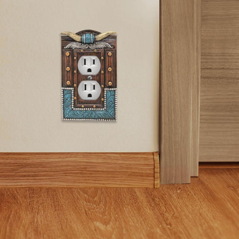 BestGiftEver American Western Home Decor Outlet Cover - Faux Horns and Tooled Leather-inspired Double Outlet Plate Cover- Southwestern Native Indi...