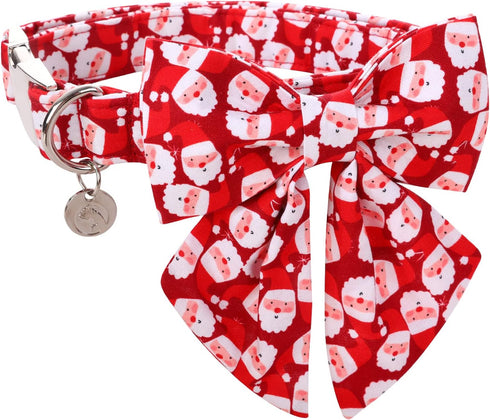 DOGWONG Christmas Dog Collar with Sailor Bow, Red Santa claus Dog Collar Soft Durable Adjustable Cotton Puppy Collar for Small Medium Large Dog...