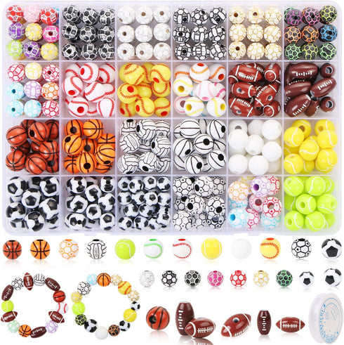 400 Pcs Sports Ball Beads for Jewelry Making, Acrylic Sports Beads Bulk, Baseball Basketball Soccer Volleyball Softball Football Beads with Box, S...
