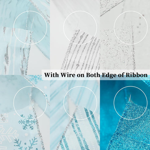 HUIHUANG Blue Ribbon for Christmas Tree, Christmas Blue and Silver Wired Christmas Ribbons for X-mas Tree, Wreath, Garland, Bows, Home Decor, Gift...