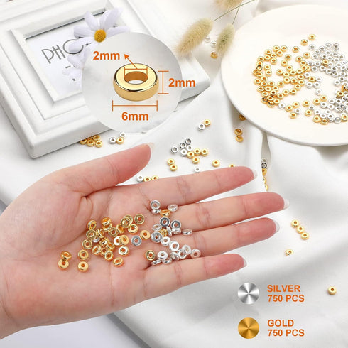 1500pcs 6mm Flat Round Spacer Beads Disc Loose Jewelry Making Beads for DIY Bracelet Necklace Earring Craft Supplies, Gold & Silver...