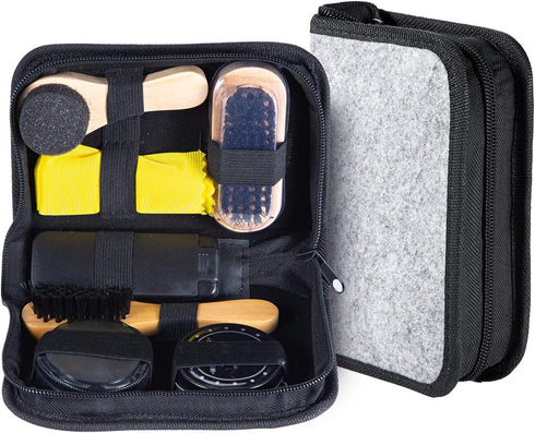 YUET Shoe Shine Cleaning Care Barrel Kit Set For Brown Black Leather With Polish Brush Travel Case Luxury Premium Soft Horsehair Bristle Dauber, W...