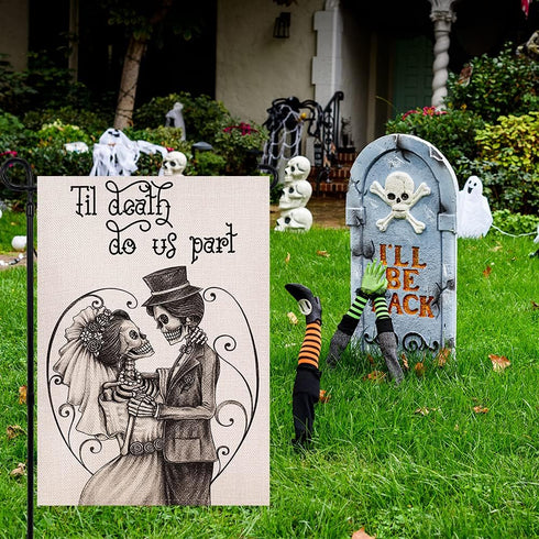Halloween Garden Flag Vertical Double Sized, Skull Wedding Til Death do Us Part Yard Holiday Farmhouse Outdoor Decoration 12.5 x 18 Inch...