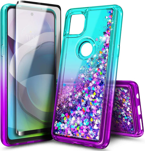 NZND Case for Motorola One 5G Ace (One 5G UW Ace) with Tempered Glass Screen Protector (Maximum Coverage), Sparkle Glitter Flowing Liquid Women Gi...
