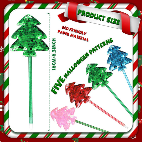 20 Pieces Christmas Tree Ballpoint Pens Bulk Glitter Sequin Xmas Slim Pens Santa Novelty Rollerball Pens 0.5 mm Black Gel Ink Pen for Christmas Ho...