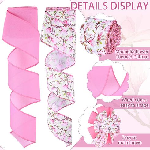 2 Rolls 20 Yards Pink Floral Wired Edge Ribbon Magnolia Flower Printed Burlap Ribbon for Gift Wrapping Bow Wreath Making for Birthday Wedding Craf...