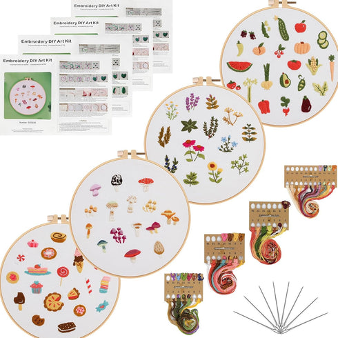 Lukinbox 4 Pack Embroidery Kit for Beginners, Hand Cross Stitch Kits for Adults, DIY Fabric Embroidery Starter Kits with Fruit Flower Patterns, 2 ...