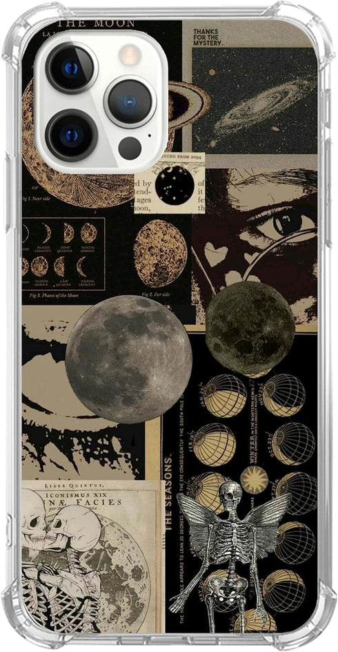 Aesthetic Vintage Grunge Collage Phone Case Compatible with iPhone 12 Pro Max, Skull Planets Collage Cover for Teens Men Women, Trendy Cool TPU Bu...
