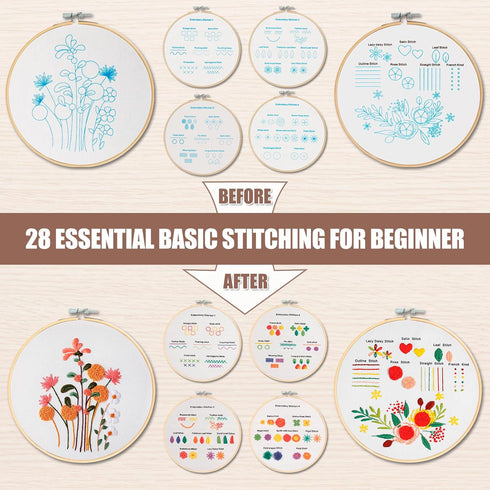 6 Sets Embroidery Kit for Beginners Embroidery Kit for Adults &Kids to Learn 28 Basic Embroidery Stitch Practice Kit,includes Stamped Flower Patte...
