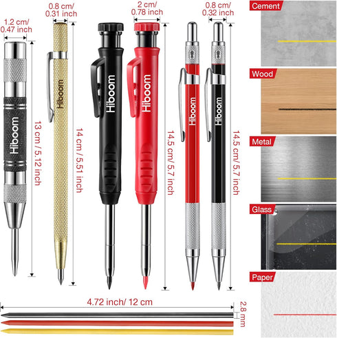 Hiboom 10 Pack Carpenter Pencil Set, 4 Colorful Solid Carpenter Pencils with Sharpener and Refills, Automatic Center Punch, Carbide Scribe Tool Ki...