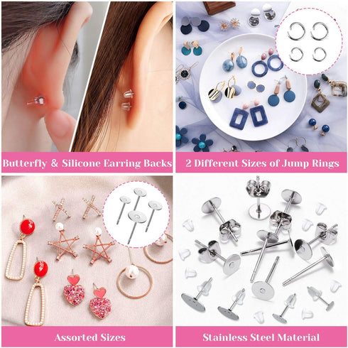 Caffox Hypoallergenic Earring Posts and Backs, 1800pcs Stainless Steel Stud Earring Kit with Earring Base Studs, Earring Backs and Jump Rings for ...