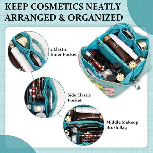 Stoney Clover Preppy Makeup Bag, Large Capacity Travel Cosmetic Bag, Chenille Letter Open Flat Nylon Bag, Mint...