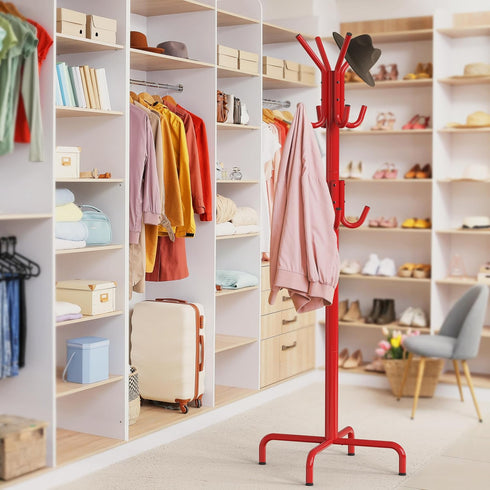 Simple Houseware Standing Coat and Hat Hanger Organizer Rack, 12 Hooks, Red...