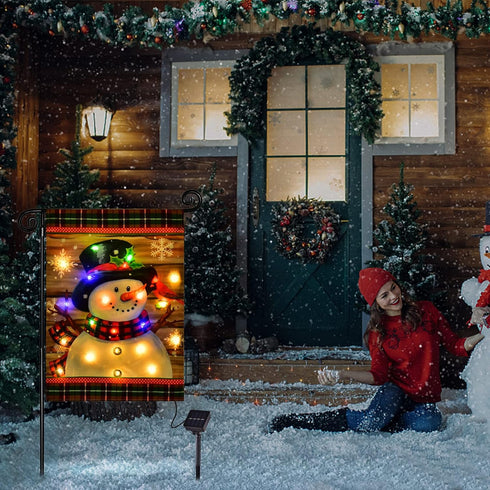 Lighted Christmas Garden Flag for Outside, Led Snowman Garden Flag, Winter Yard Flag 12x18 Double Sided for Outdoor Yard Porch Lawn Decoration...