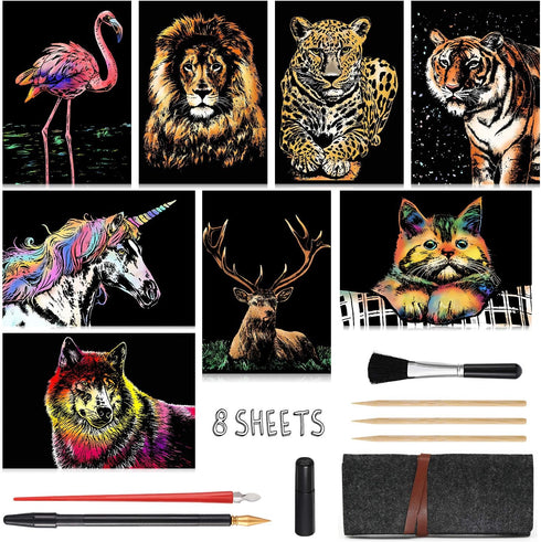 Scratch Art Paper(A4) for Kids & Adults, Rainbow Painting Night View Scratchboard, Art Craft, Crafts Set: 8 Sheets Scratch - Unicorn/Flamingo/Cat/...