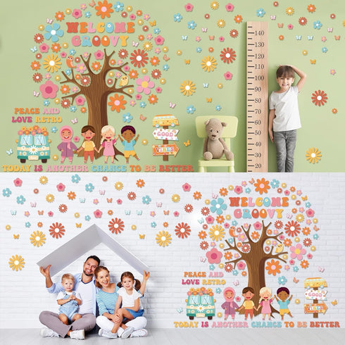 115Pcs Groovy Classroom Tree Bulletin Board Decorations Set Motivational Welcome Accents Tree Wall Bulletin Decor Boho Daisy Owls Cut-Outs for Bac...