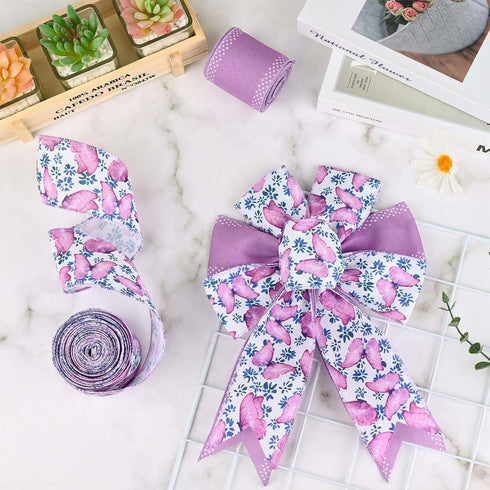4Rolls 20 Yards Floral Wired Edge Ribbon Purple Lavender Butterfly Printed Burlap Ribbon for Gift Wrapping Wreath Bow Making Craft for Wedding Bri...
