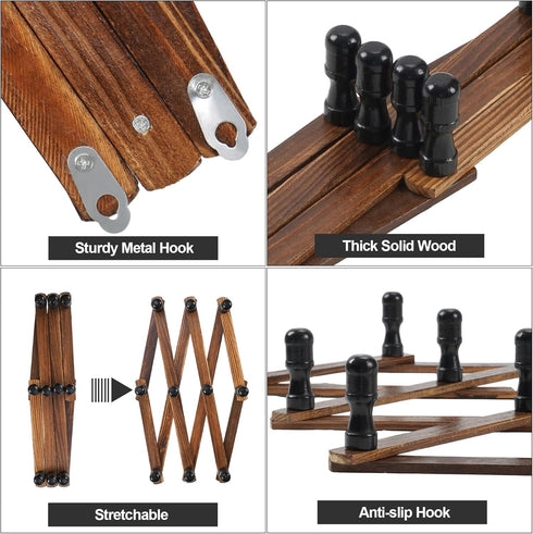 WGFKVAS 2 Pack Accordion Hat Rack for Wall - Expandable Coat Rack & Wall Mounted Hat Holder - Wooden Wall Hanger with 10 Peg Hooks for Coats, Base...