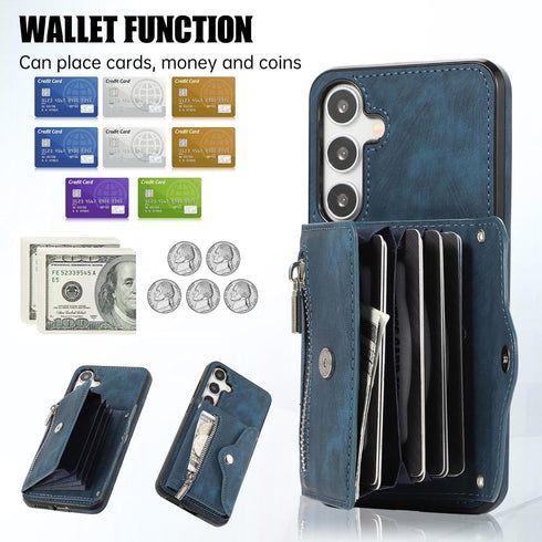 Phone Case for Samsung Galaxy S24 5G Wallet Cover and Tempered Glass Screen Protector with Wrist Crossbody Strap Lanyard Credit Card Holder Stand ...