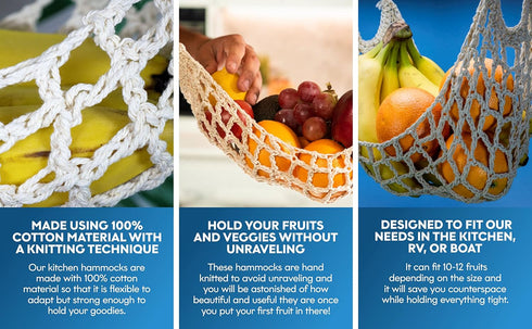 Hanging Fruit Hammock Under Cabinet - 1 Macrame Fruit Hammock with 2PCS Hooks - Handwoven Cotton Basket Storage for Produce, Banana - Boho Kitchen...