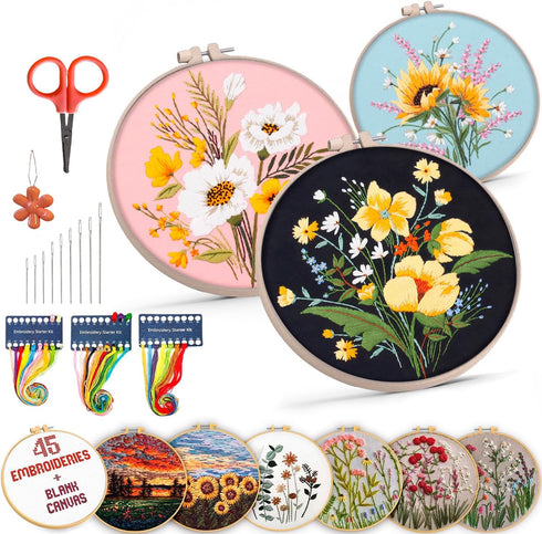 Univigo Embroidery Kit 3 Sets Embroidery Stitch Practice Kit for Handicraft Lover Cross Stitch Kits with Embroidery Cloth Hoop Color Threads Sciss...
