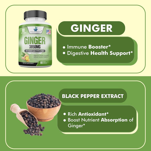 American Standard Supplements Organic Ginger 3850mg Per Serving with Organic Black Pepper Extract, Vegan, Gluten Free, Non-GMO, 90 Capsules, 90 Se...
