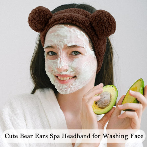 Ondder 2 Pcs Bear Ears Skincare Headbands Cure Makeup Headband Coffee Spa Headband for Washing Face Brown Face Wash Elastic Facial Headband Head B...