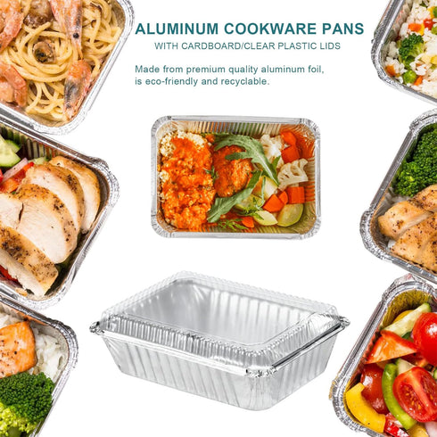 50 Pack Small 8 OZ/230ML Capacity Disposable Takeout Foil Pans with Clear Plastic Lids - Aluminum Foil Food Containers with Strong Seal for Cateri...