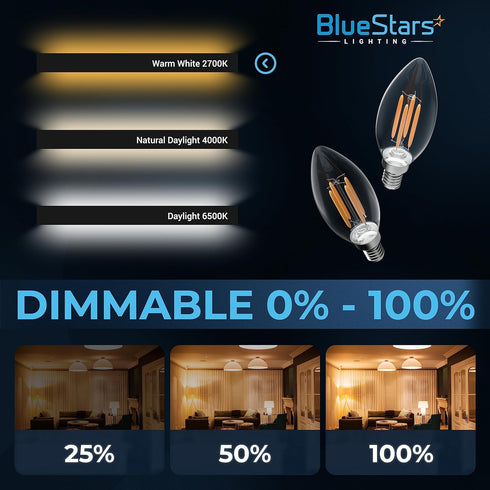 BlueStars 12-PACK B10 E12 LED Bulbs DIMMABLE 4W 2700K Warm White Light, 40W Equivalent, E12 Candelabra Base B10/B11 Bullet Shape 440 lumens for Ce...