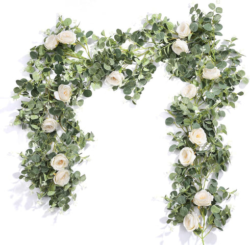 Der Rose 2Pcs Artificial Eucalyptus Flower Garland with Fake Rose Flower Vine Seeded Eucalyptus Leaves Greenery Garland for Wedding Table Runner B...
