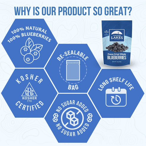 Thousand Lakes Freeze Dried Fruit - Blueberries 1.2 ounces | No Sugar Added | 100% Whole Blueberries...