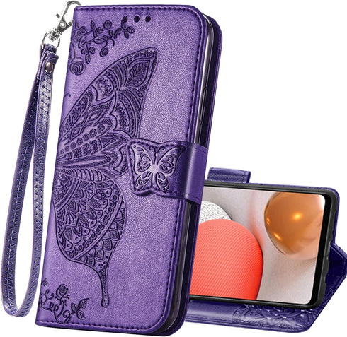 HAOTP for Motorola Moto G Pure Wallet Case,PU Leather Flip Protective Phone Case Wrist Strap Card Slots Holder Pocket Emboss Butterfly Flower Stan...