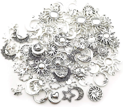 100g(80pcs) Craft Supplies Mixed Antique Silver Sun Moon Stars Charms Pendants for Crafting, Jewelry Findings Making Accessory for DIY Necklace Br...