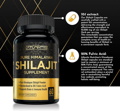Shilajit Supplement - Pure Himalayan Authentic Shilaijt Resin Capsules Formulated with 20% Fulvic Acid - 10:1 Extract 10,000mg Extra Strength - Ma...