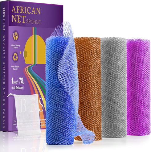 4 Pieces African Bath Sponge African Net Long Net Bath Sponge Transform Your Shower Routine with African Bath Sponges for Exfoliated, Silky Smooth...