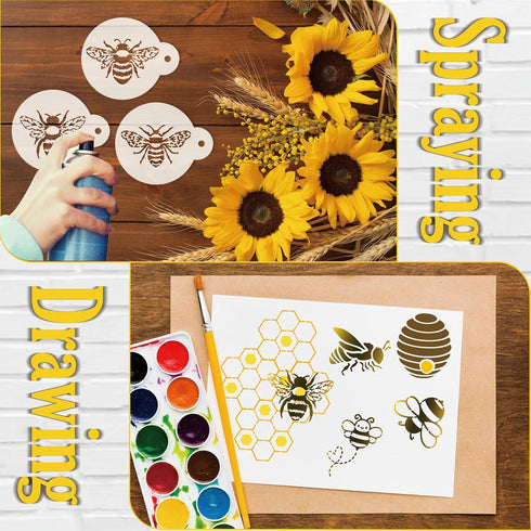 Bee Stencils for Cookie Coffee, Honeycomb Stencils for Crafts Reusable Wood Burning Drawing Art Flower Paint Stencils and Patterns for Wall Cake C...