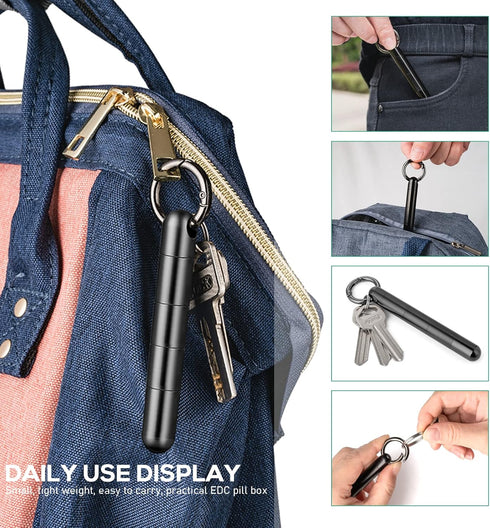TISUR Keychain Pill Holder,Titanium Pill Case Portable Waterproof Pill Organizer Black Vitamin Container, EDC Pill Box Pill Bottle for Pocket Purs...