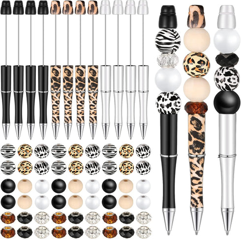 12 Set Plastic Beadable Pens Assorted Wood Crystal Spacer Round Beads Black Ink Ballpoint Pen DIY Pen Set for Women Kids Gifts School Office Suppl...
