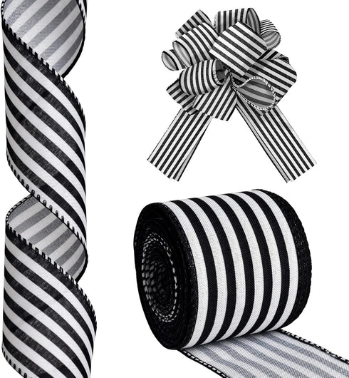 Ribbon for Crafts Wired - Black and white striped polyester Wired Ribbon, 10 Yards 2.5 Inch Wired Ribbon, Christmas Ribbon Wired, Craft Ribbon for...