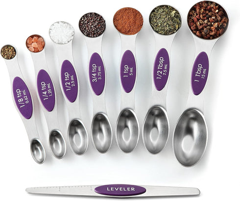 Spring Chef Purple Stainless Steel Magnetic Measuring Spoons Set of 8 with Leveler, Dual Sided Metal Teaspoon & Tablespoon Measuring Spoons, Kitch...