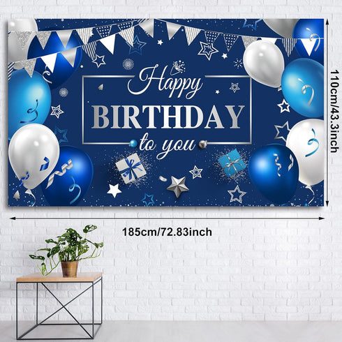 Sumind Happy Birthday Decorations Backdrop Banner, Navy Blue and Silver Party Decoration Banner Sign Photo Background for Men Women Birthday Suppl...