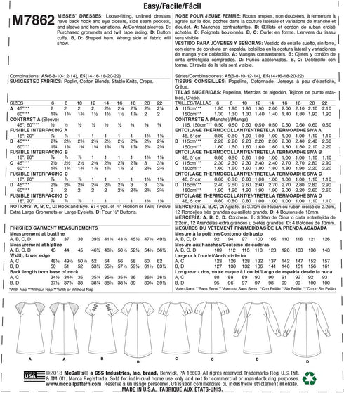 McCall Pattern McCall's Women's Short and Long Sleeve Dress, Sizes 6-14 Sewing Pattern, Plain...