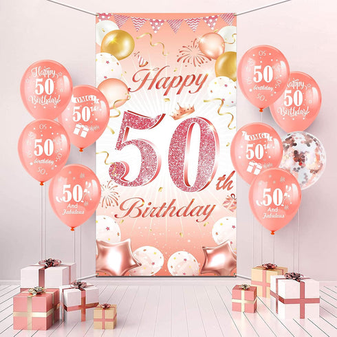 DPKOW Rose Gold 50th Birthday Banner - Backdrop, Wall & Garden Decoration, 185 x 90cm Fabric...