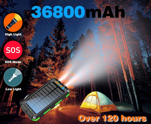 Solar Charger Power Bank 36800mah,18W PD 5V*3.1A Fast Charging,QC3.0 Portable Charger Solar Power Bank,IP67 Waterproof Camping Gear Accessory (Gre...