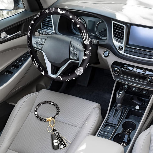 4 Pieces Black Moons White Stars Print Car Accessories Set Black Moons White Stars Steering Wheel Cover with 2 Pieces Car Cup Holder and Leather K...