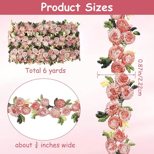 OIIKI 5 Yards Flower Trim Ribbon, Wedding lace Fabric Ribbon, Rose Ribbon Trim Flower Embroidered Trim Polyester Trim Ribbon for Wedding Appliques...