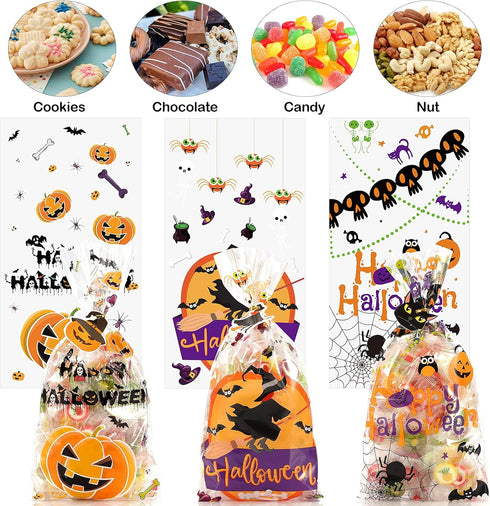 HalloweenCandy Bags Treats Bags, 200 PCSHalloween Cellophane Bags for Kids Treat or Trick Party Supplies, 8 Styles HalloweenGoodies Bags Gift Bags...